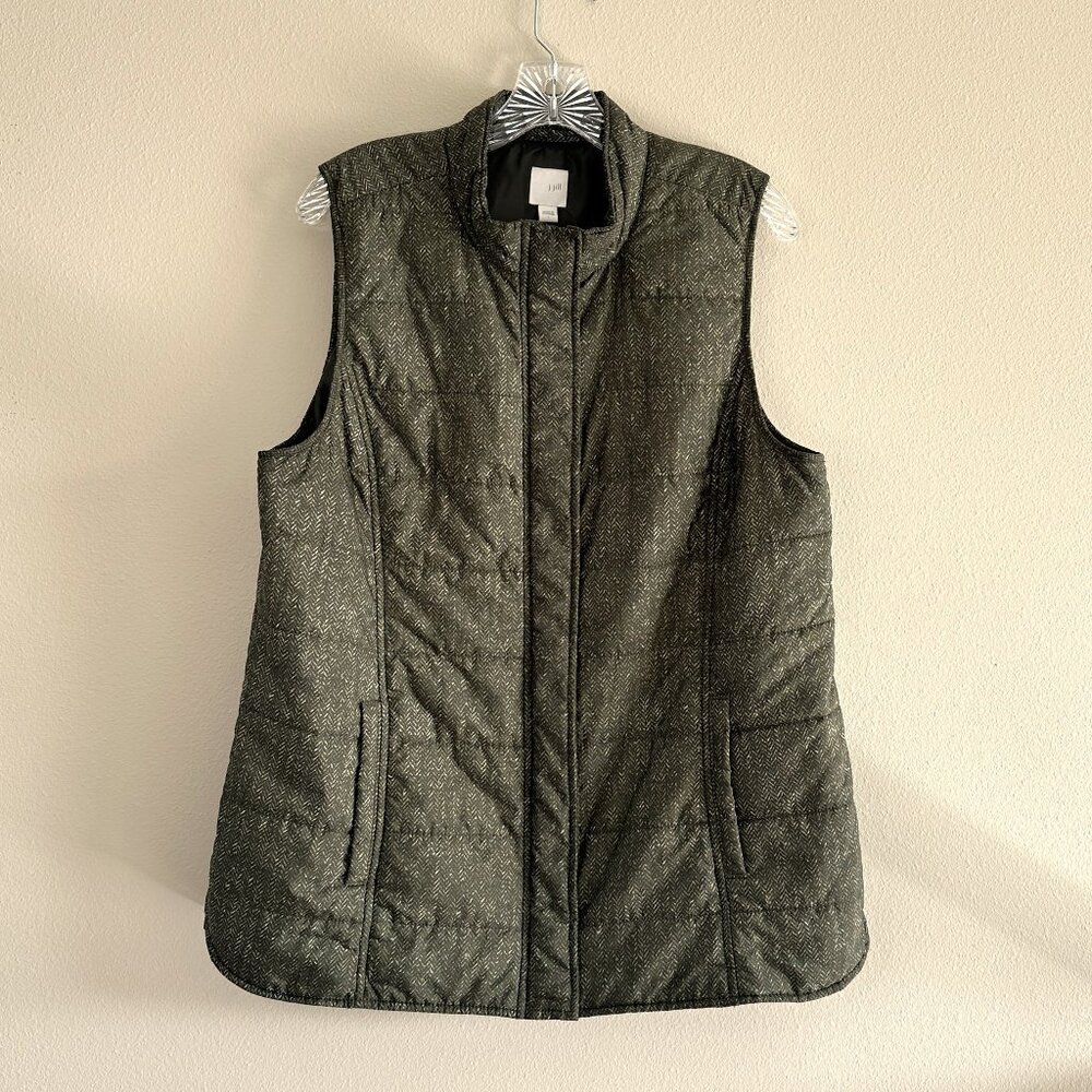 J. Jill  Full Zip Puffer Vest, Balsam Green Speckled Herringbone, Large - Picture 2 of 10